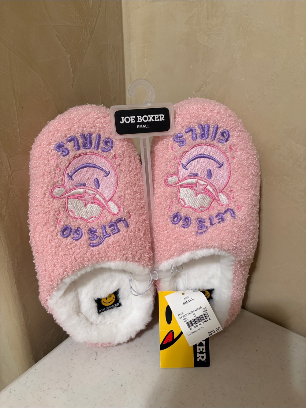 Joe Boxer Pink Let’s Go Girls Plush Slip-On Slippers with Embroidered Graphic